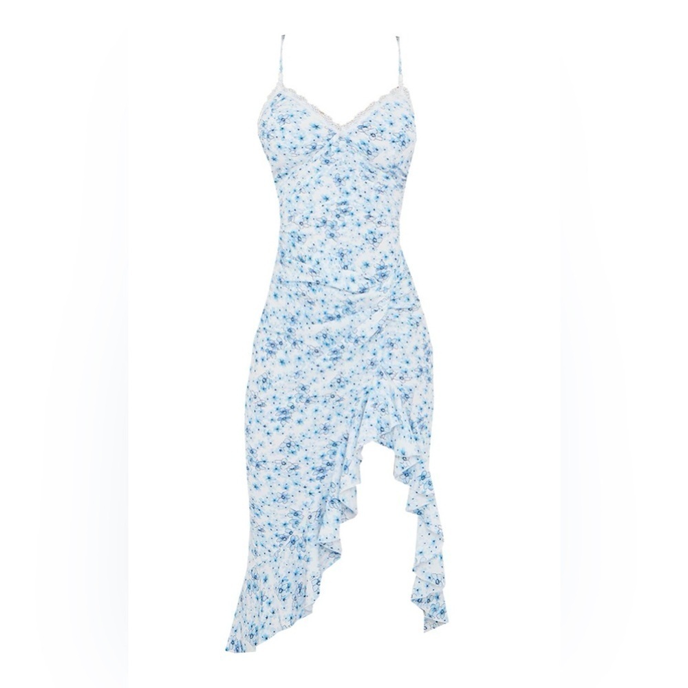 BRAND NEW BLUE FLORAL PRINT LACE UP BACK TWIST DETAIL MIDI DRESS